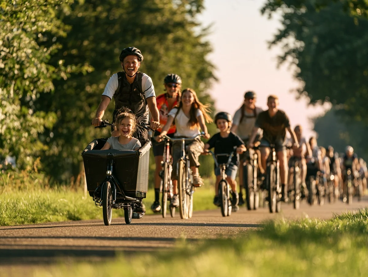 Een groep fietsers rijdt samen over een zonnig fietspad