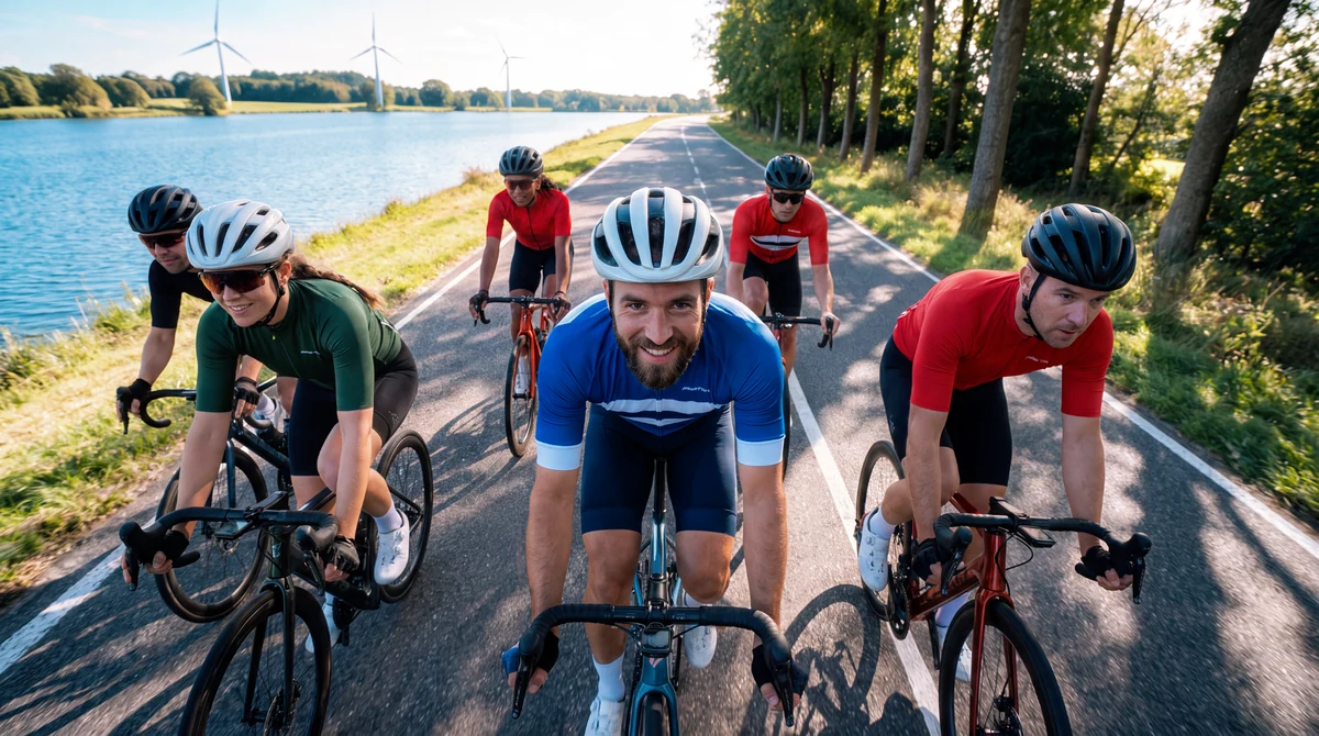 Een groep wielrenners fietst samen langs het water