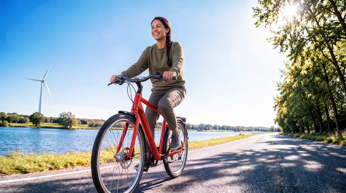 Een vrouw fietst langs het water